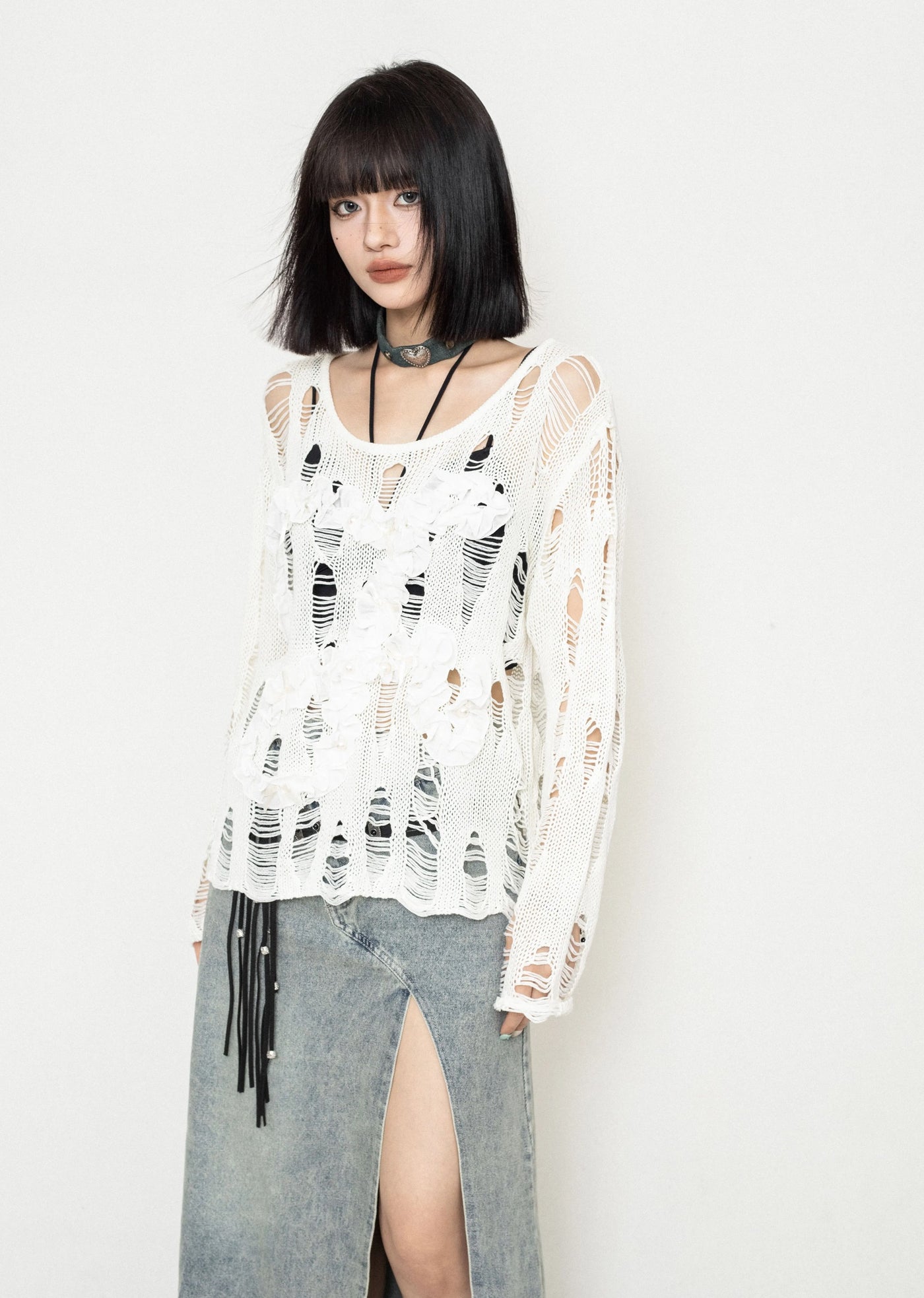 【ZERO STORE】Mesh Skeleton Mid-length Distressed Knit Sweater  ZS0034
