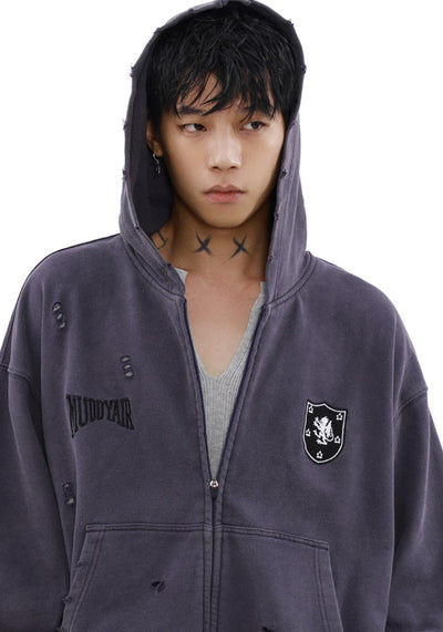 【MR nearly】Dull base color mid-length design damaged full zip hoodie  MR0142