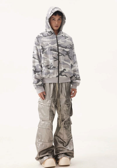 【BTSG】Metallic silver glossy design wide over cargo pants  BS0043