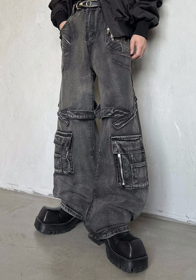 【MARTHENAUT】Dull grey base color wide cargo style denim pants  MH0050