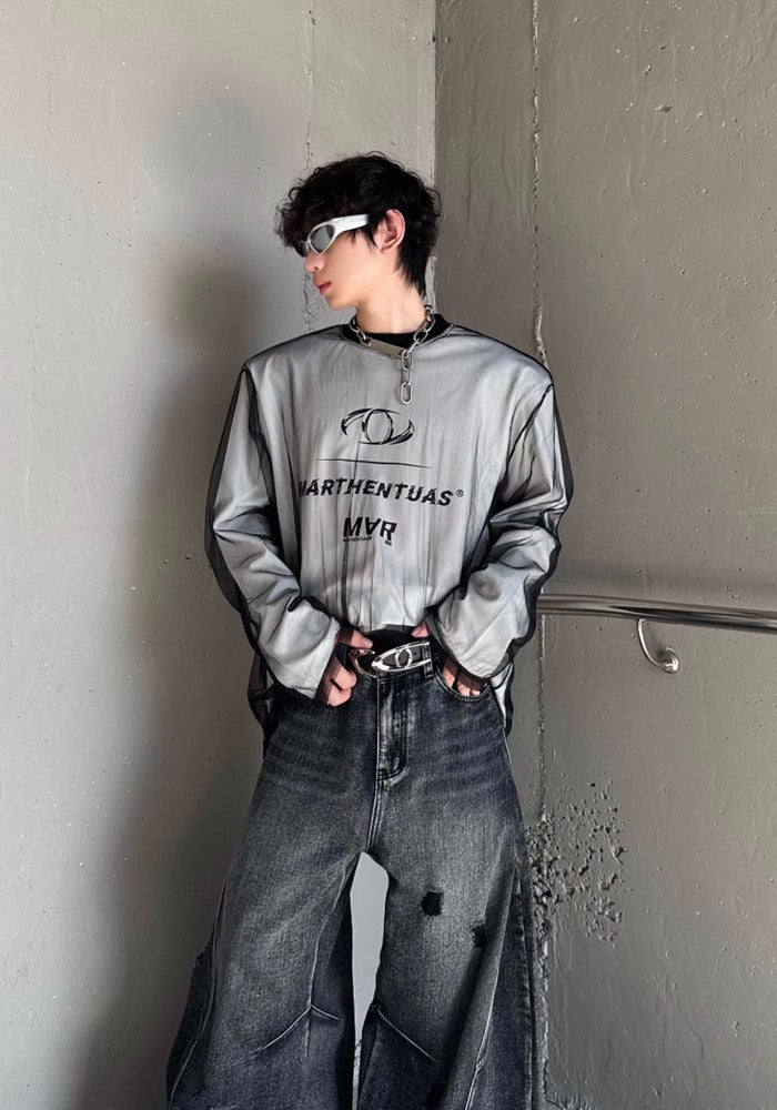 【MARTHENAUT】Double fabric design two-style see-through long sleeve T-shirt  MH0041