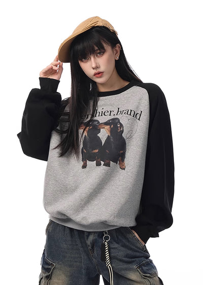 【VINMUK】Front Dog Illustration Design Bicolor Long Sleeve T-Shirt  VM0012