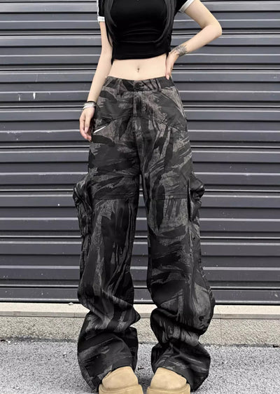 【W3】Dark camouflage design wide straight silhouette pants  WO0076