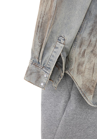 【GIBBYCNA】Claude wash mid-length oversized long-sleeved denim shirt  GC0027