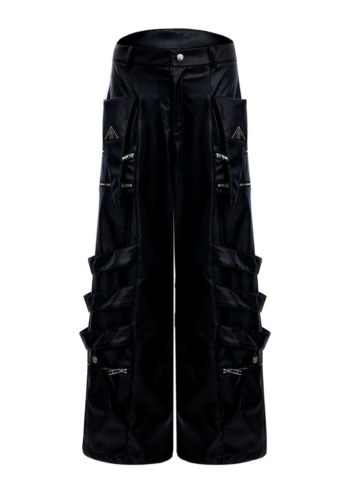 【Culture E】High-level gimmick silhouette leather design wide pants  CE0153