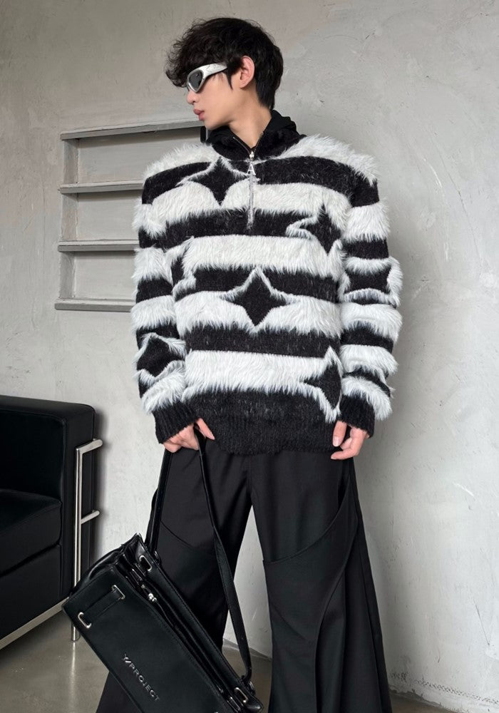 【MARTHENAUT】Monotone style half zip border star knit sweater  MH0046