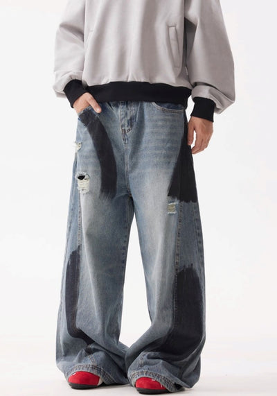 【BTSG】Wide style denim pants with black painted parts  BS0050