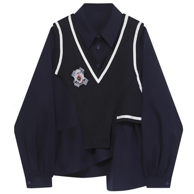 【ANNX】Vest set navy coloring long sleeve shirt  AN0015