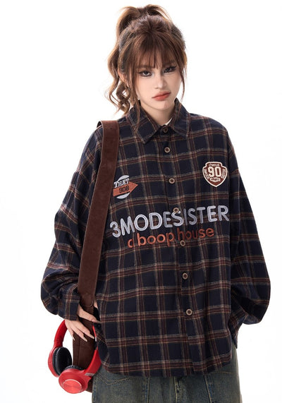 【H GANG X】College logo design American casual style over check long sleeve shirt  HX0093