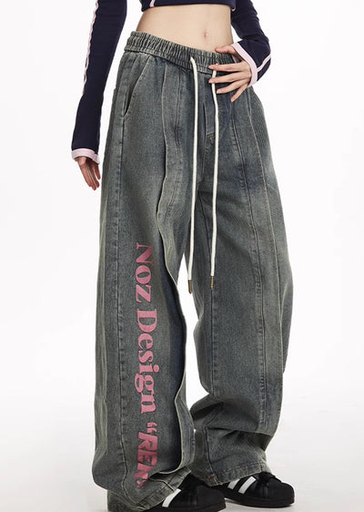 【NOONOZ】One-point pinky initial design wide blue denim pants  NN0002