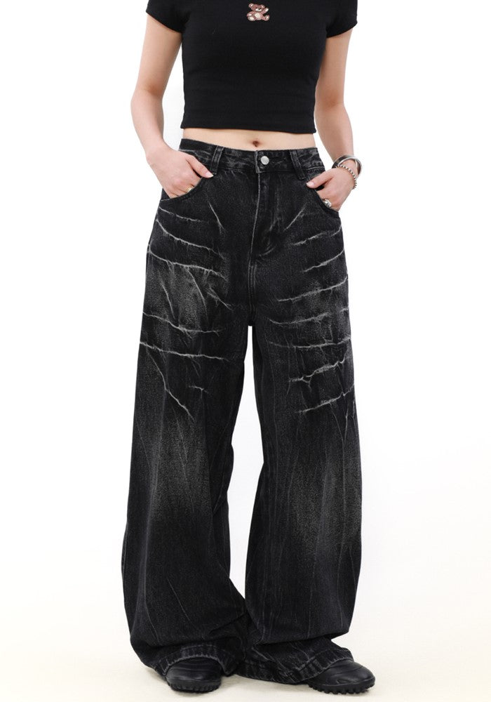 【MR nearly】Cracked distressed wash black wide denim pants  MR0146