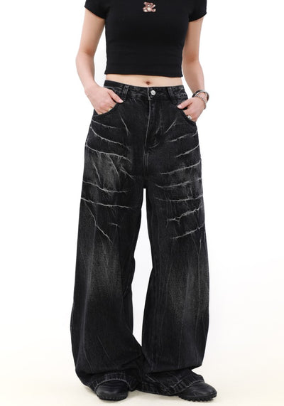 【MR nearly】Cracked distressed wash black wide denim pants  MR0146