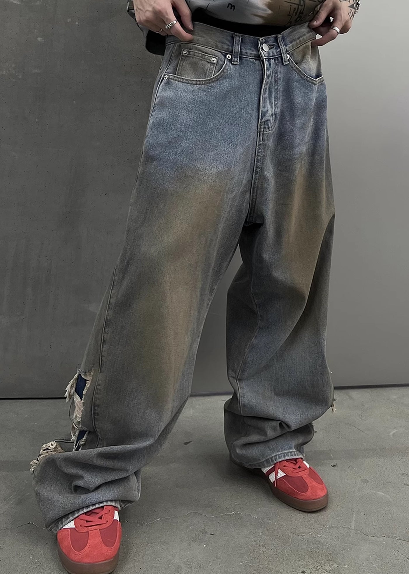 【SOULWORKER】Dull wash finish soil stain color wide denim pants  SW0023