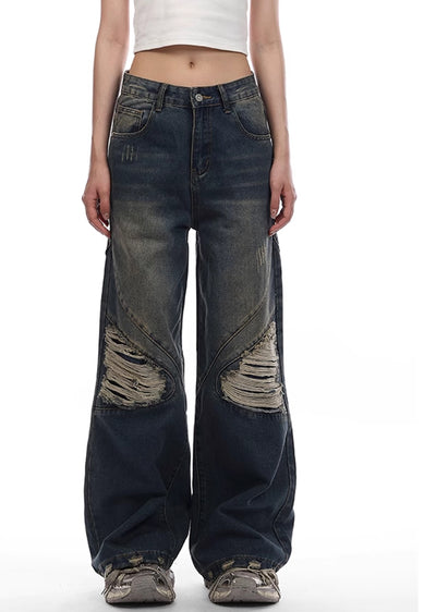 【VINMUK】Distressed wide straight dull denim pants  VM0013