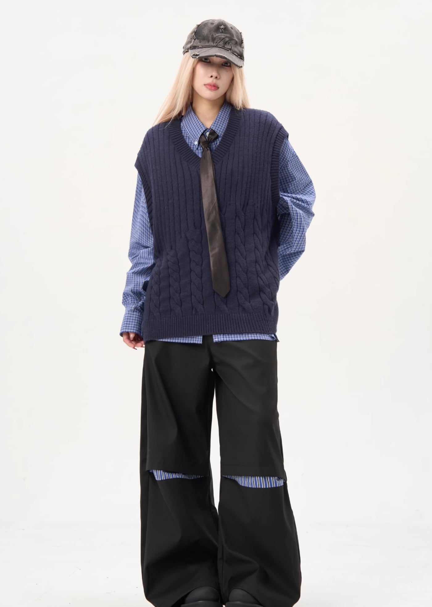 【MAXDSTR】Waffle knit design basic color over vest  MD0174