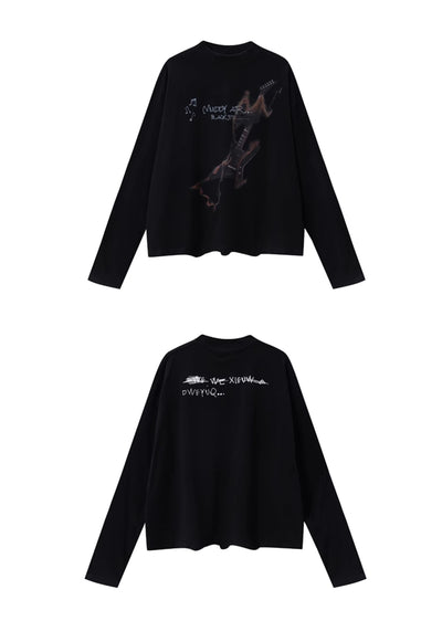 【MAXDSTR】Dull flame design guitar illustration long sleeve T-shirt  MD0167