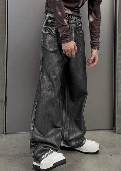 【SOULWORKER】Dark grey glossy design wide flare style denim pants  SW0030