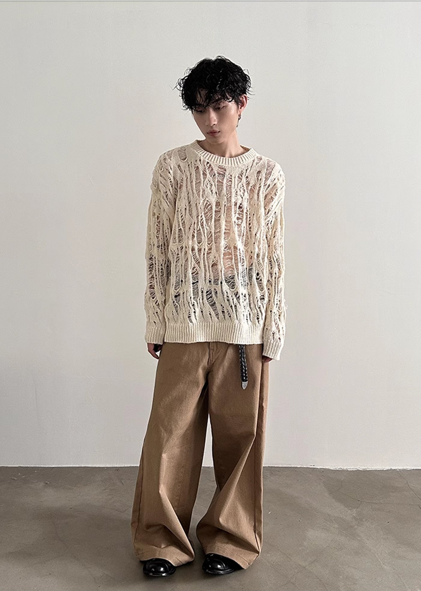 【Very Fewest】Sheer design see-through gimmick color knit sweater  VF0033