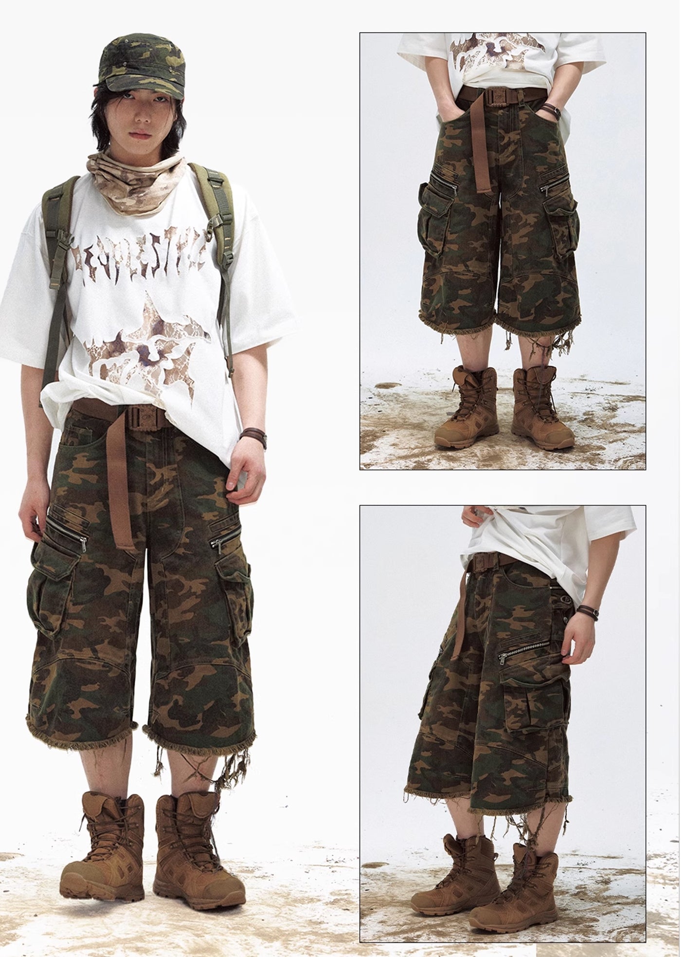 【People Style】Camouflage pattern remade distressed pocket cargo shorts  PS0035