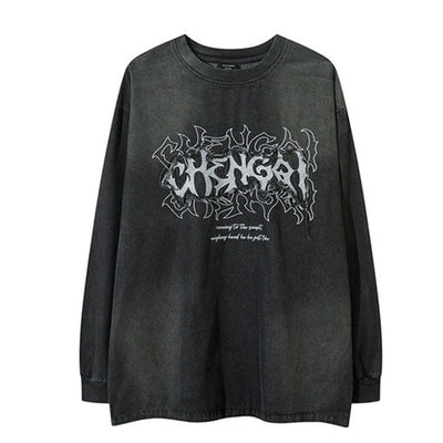 【NIHAOHAO】Dark subculture dull wash design initial long sleeve T-shirt  NH0155