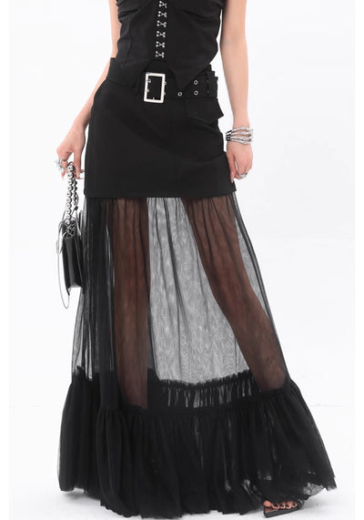 【ROY11】See-through design double black front flare silhouette skirt  RY0011