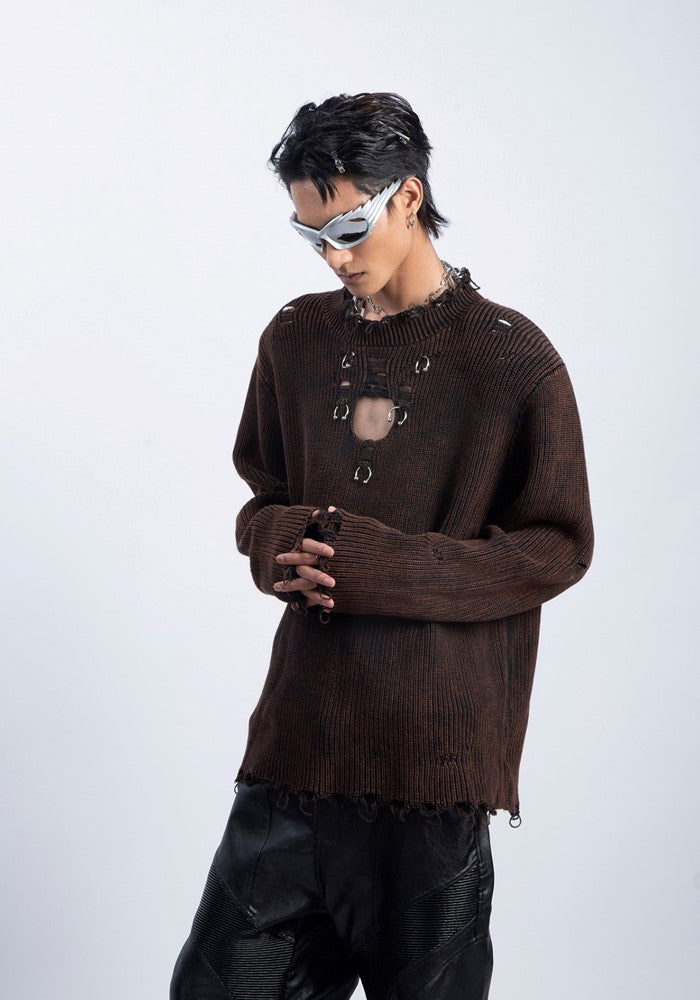 【PLAN1ONE】Tight silhouette mid-length distressed long-sleeved T-shirt  PL0042