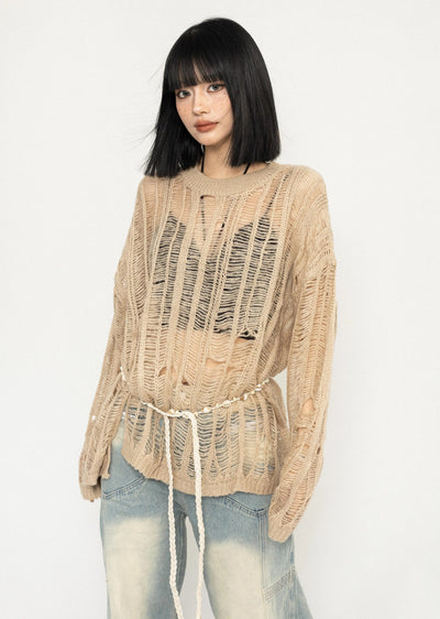 【ZERO STORE】Over-distressed grunge-style see-through knit sweater  ZS0045