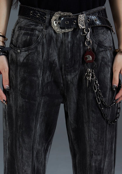 【NOMANIAI 】Dull black color wide flare silhouette design denim pants  NA0006