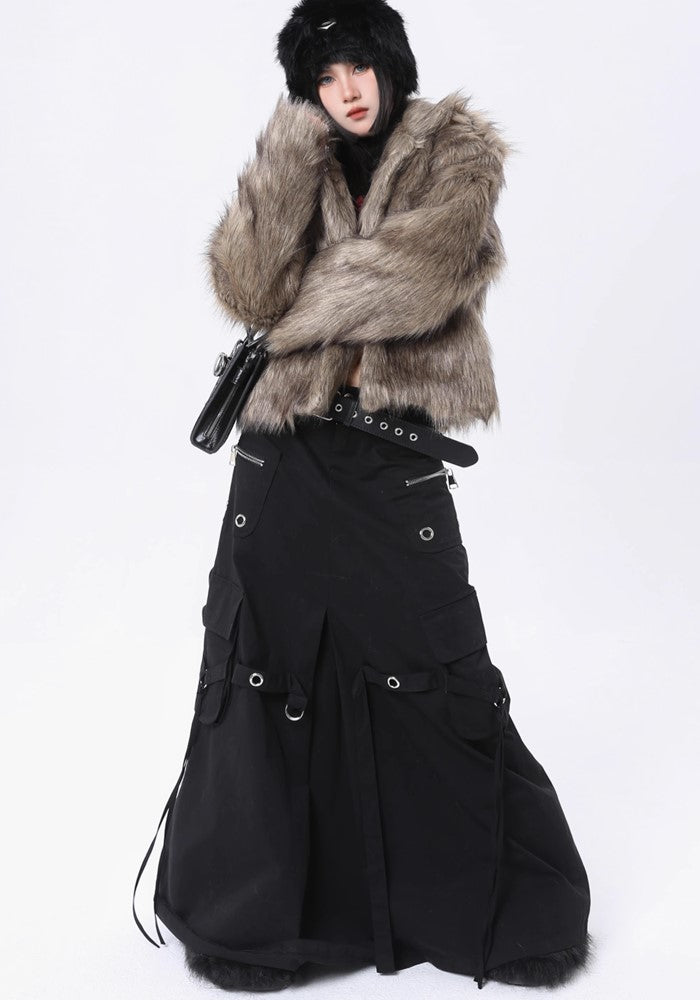 【ROY11】Wide over silhouette gimmick black skirt  RY0005