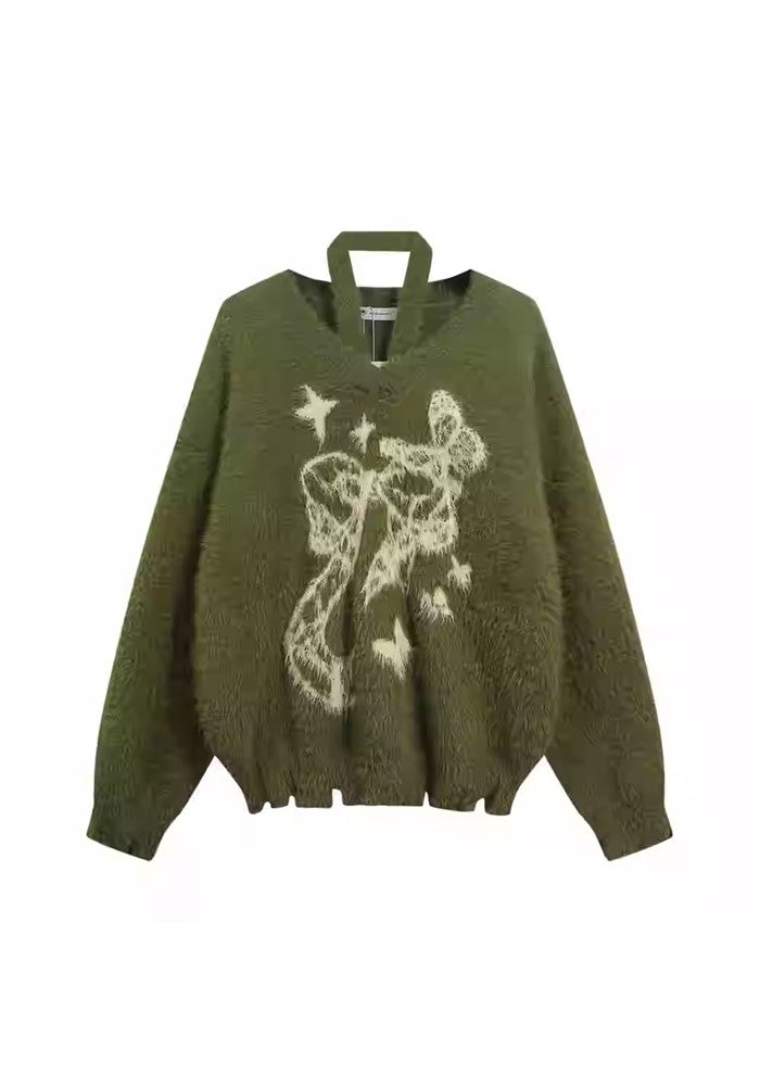 【ZERO STORE】Front butterfly design neck wool knit sweater  ZS0072