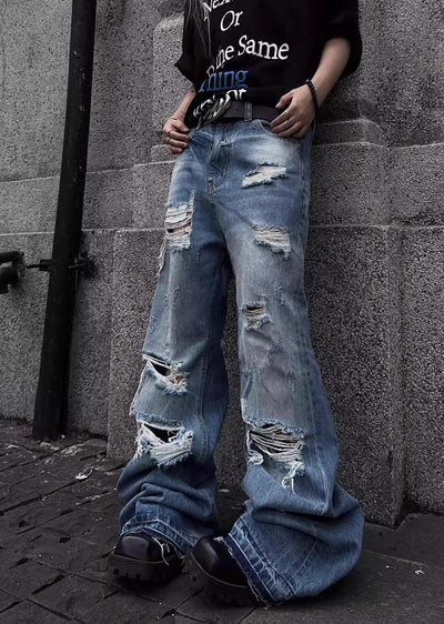 【TR BRUSHSHIFT】Fully distressed design dull basic color denim pants  TB0042