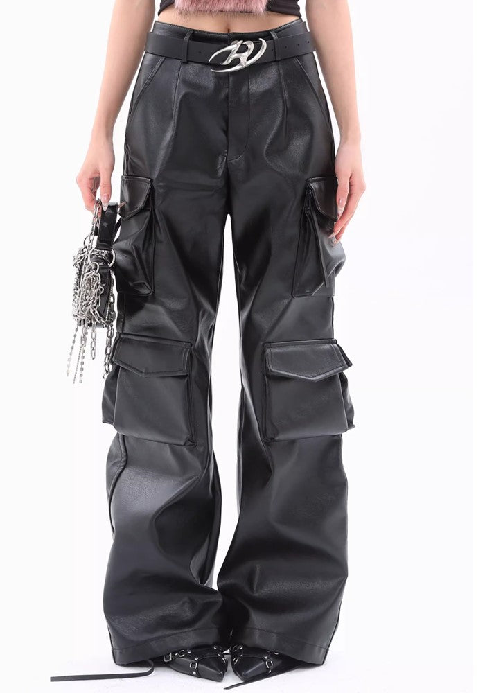 【ROY11】Multi-pocket design wide straight leather cargo pants  RY0001