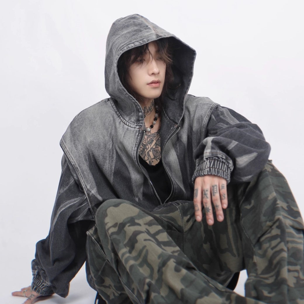 【Mz】Grunge monotone wash design full zip hoodie  MZ0027