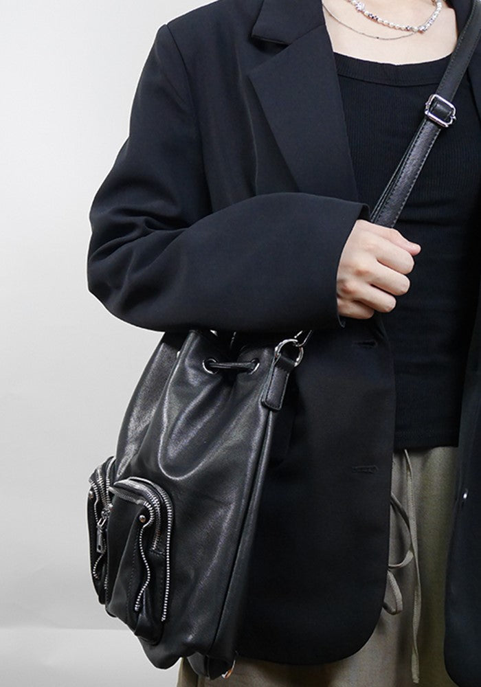 【PRT】Backpack-style drawstring design black bag  PT0006