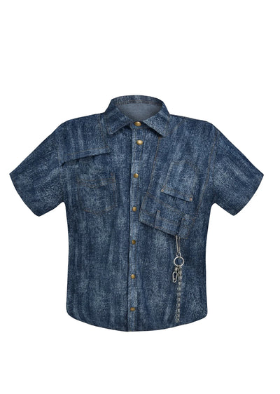 【Culture E】Dull blue color, stylish over-stripe short-sleeved shirt  CE0123