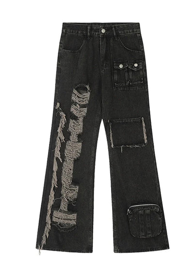 [76street] Left and right design wide cargo distressed silhouette denim pants ST0001