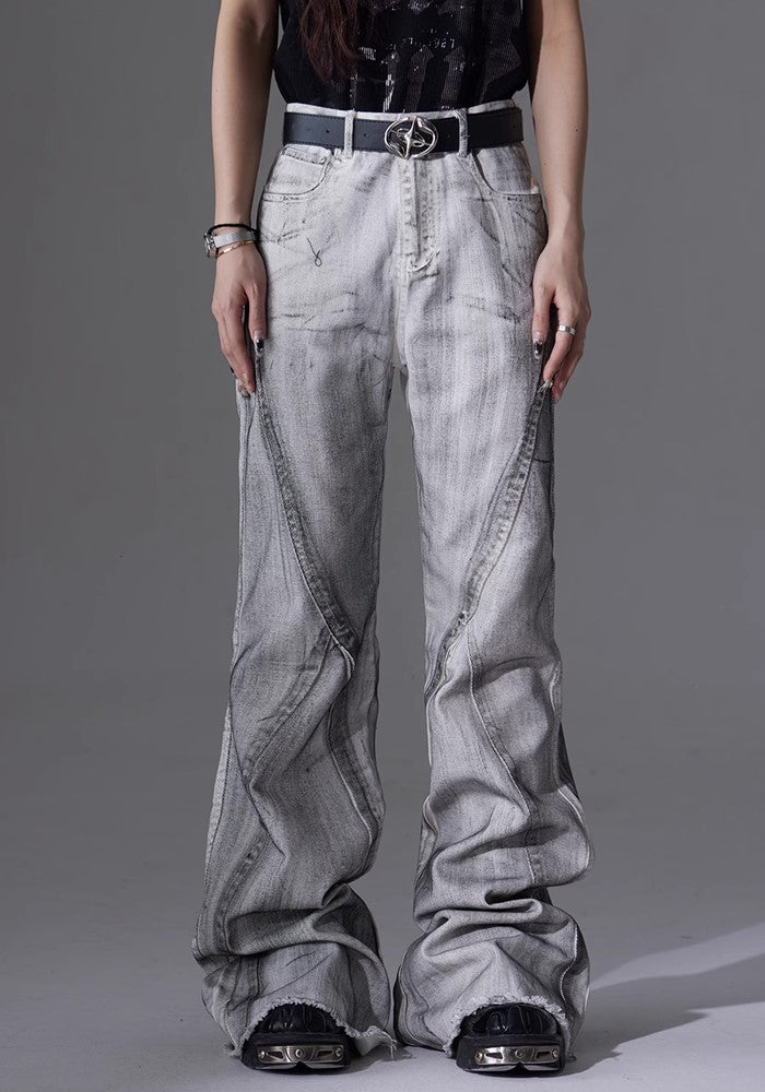 【NOMANIAI 】Tuck design white base color flare straight denim pants  NA0003