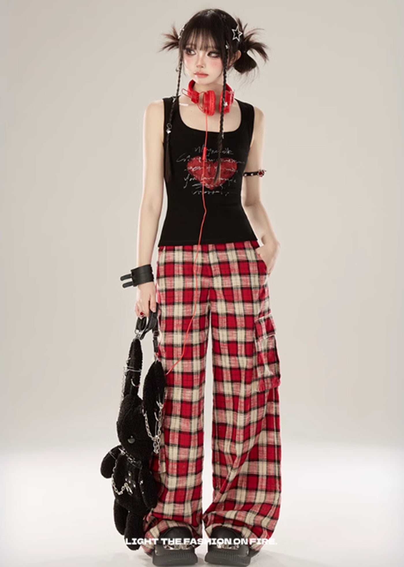 [Eleven shop97] Red check color wide silhouette subculture pants ES0018