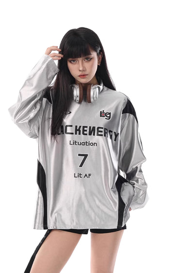 【VINMUK】Shiny silver color gaming initial design long sleeve T-shirt  VM0008