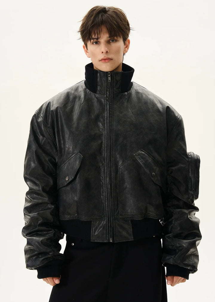 MAXDSTR】Vintage style synthetic leather high neck jacket MD0201