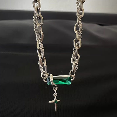 【DARKBOX】Green Jewelry Accent Cross Design Necklace  DB0027