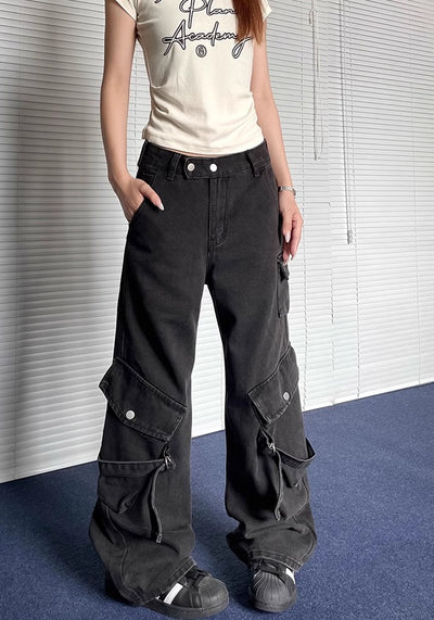 【Apocket】Multi-Gimmick Pocket Suspender Cargo Denim Pants  AK0034