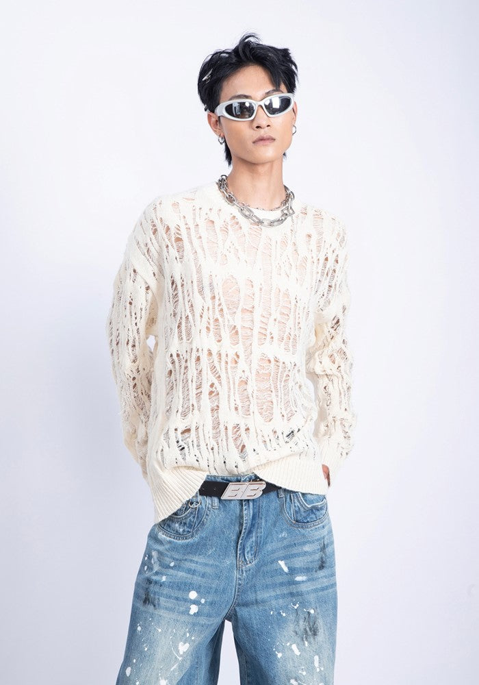 【PLAN1ONE】Mesh-like fully distressed accent fleur knit sweater  PL0044