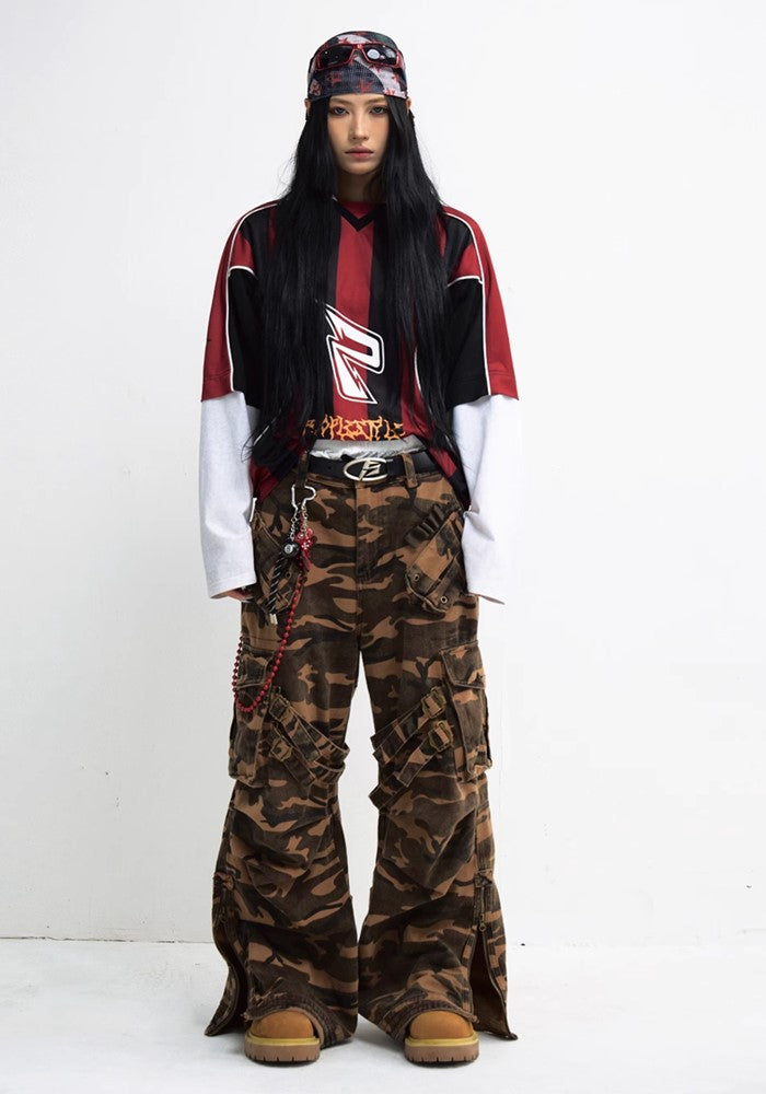 【People Style】Wide silhouette camouflage design dark color cargo pants  PS0044