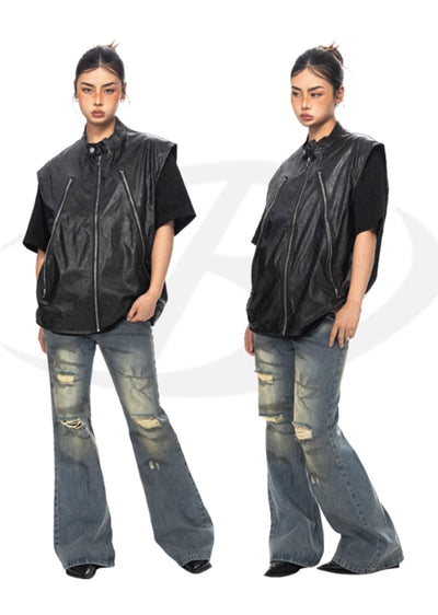 [BLACK BB] Black leather textured shiny flix vest BK0020