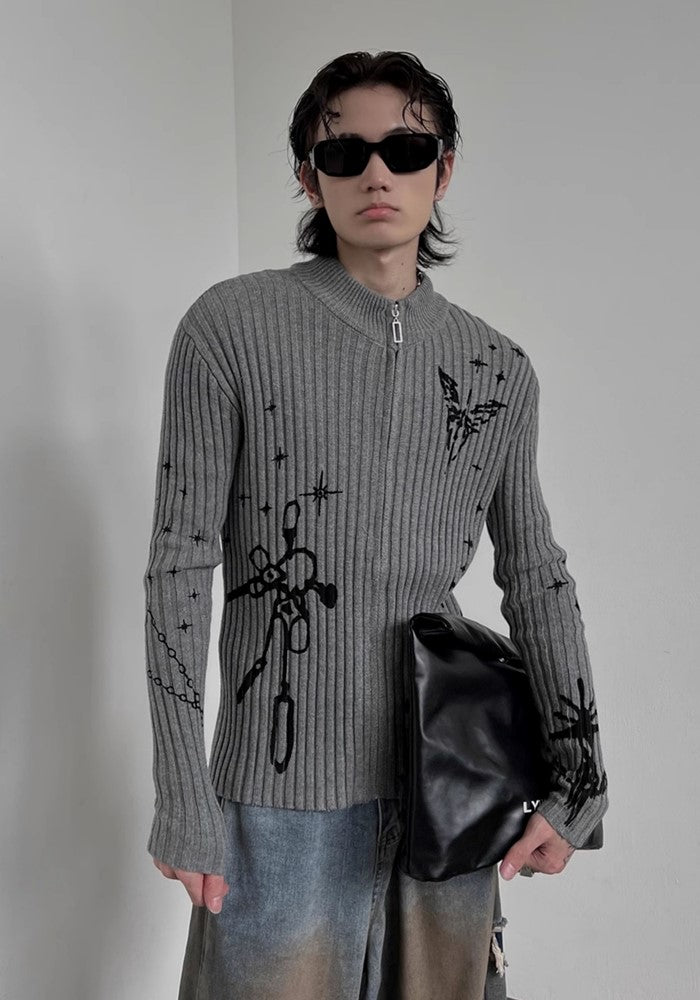 【SOULWORKER】Road Gimmick Random Design Full Zip Tight Silhouette Knit Sweater  SW0040