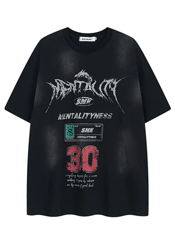 【MR nearly】Grunge wash multi-point initial design short sleeve T-shirt  MR0120