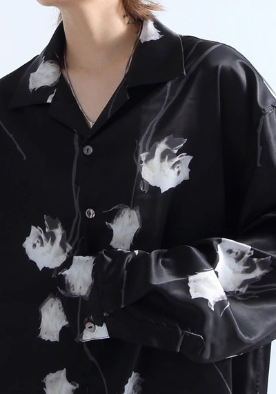 【GRNL】Random rose pattern design loose silhouette glossy long sleeve shirt  GN0006