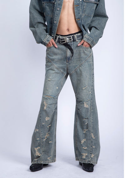 【PLAN1ONE】Grunge scattered distressed vintage style flared denim pants  PL0043