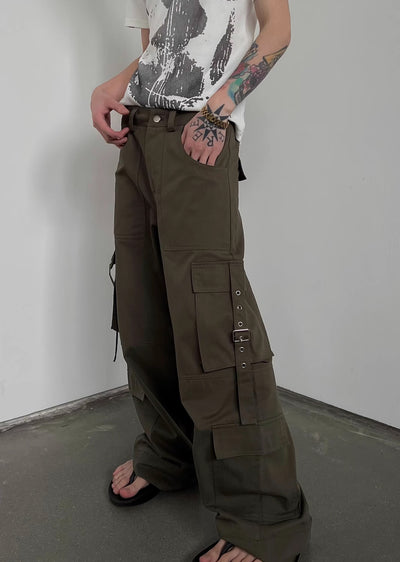 【SOULWORKER】Side suspender design wide style loose cargo pants  SW0029